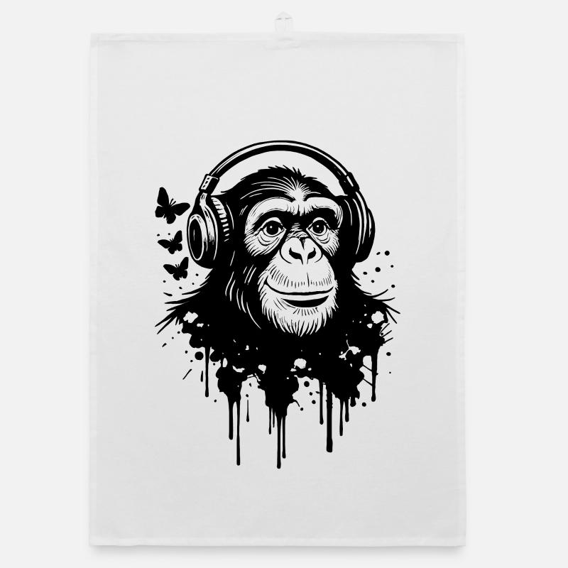 Musik hören, Affe mit Kopfhörern - Organic Geschirrtuch - Weiß