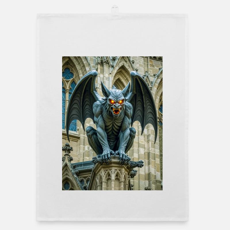 Gargoyle, winged stone demon guarding Gothic  Organic dish towel