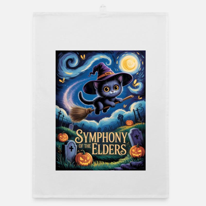 Witch Kitten Flying Over Halloween Graveyard Organic dish towel