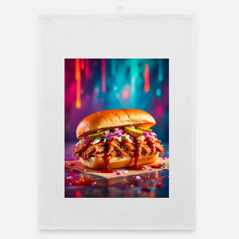 Saftiger Pulled Pork Burger umgeben von Sprengstoff Organic Geschirrtuch