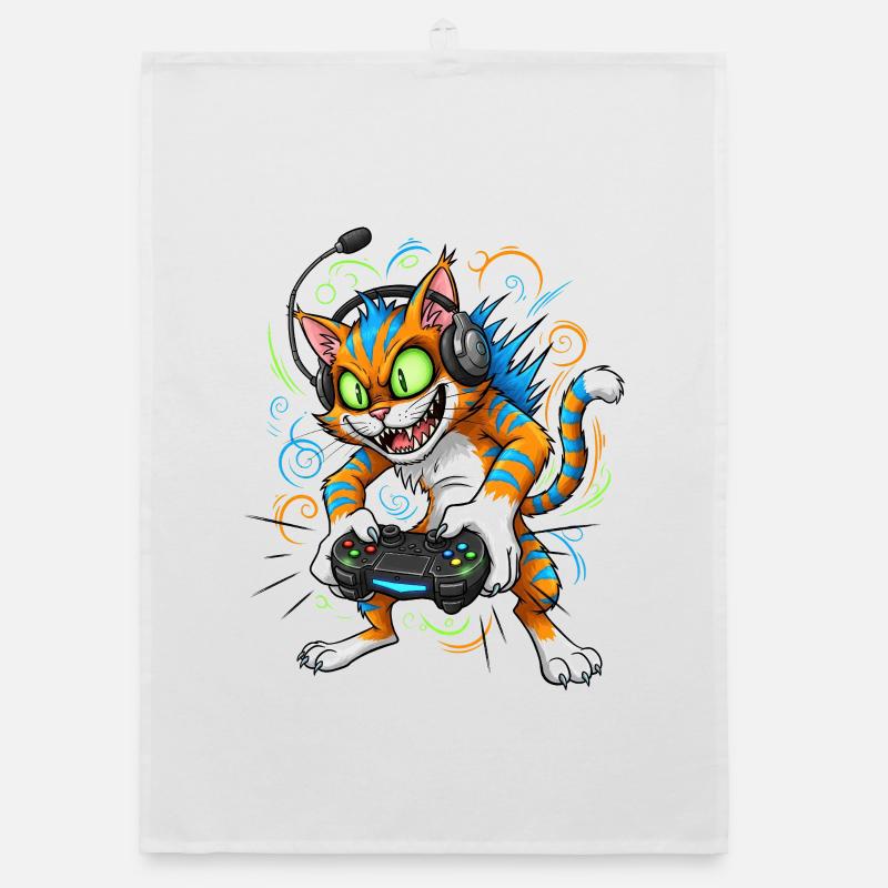 Neon Gaming Cat with Controller Gamer Cat Organic dish towel