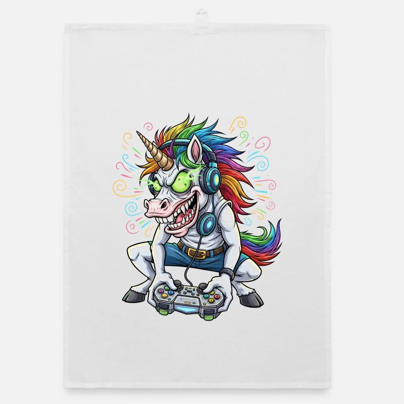 Gaming-Einhorn mit Regenbogenmähne Gamer Shirt - Organic Geschirrtuch - Weiß
