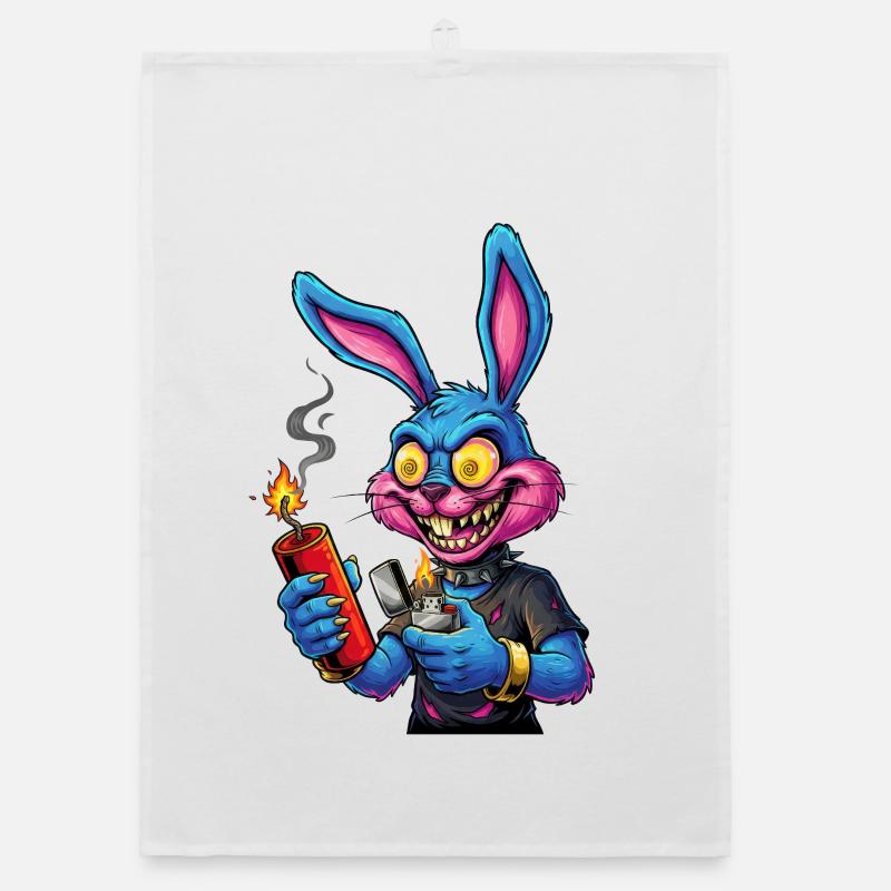 Neon Bunny with Fireworks New Year's Eve Firecracker Pyro Organic dish towel