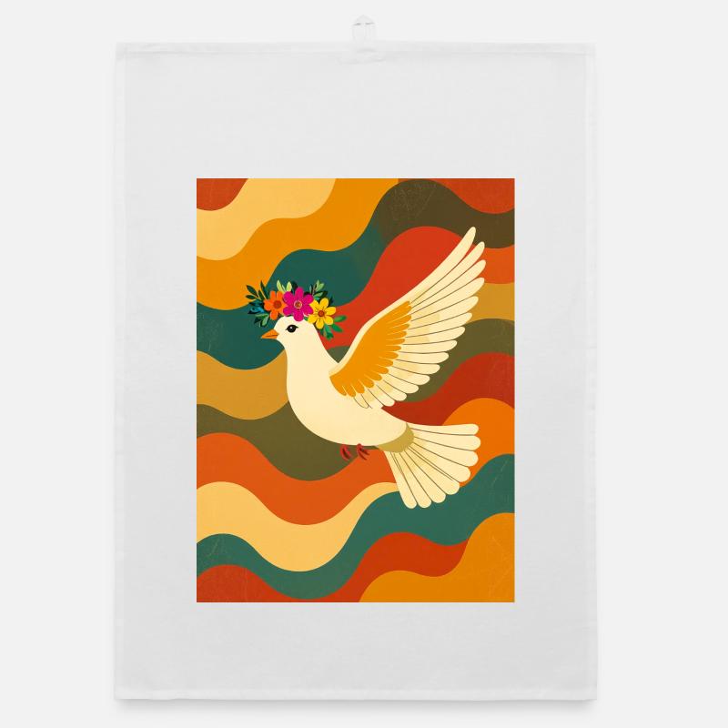 White Dove Flying Over Rainbow Waves Organic dish towel