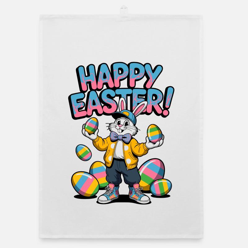 Happy Easter bunny with colorful eggs Organic dish towel