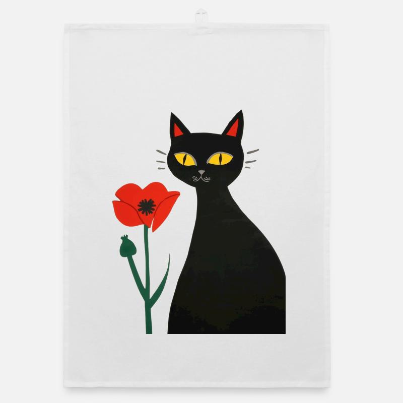 Chat noir avec des coquelicots Torchon bio