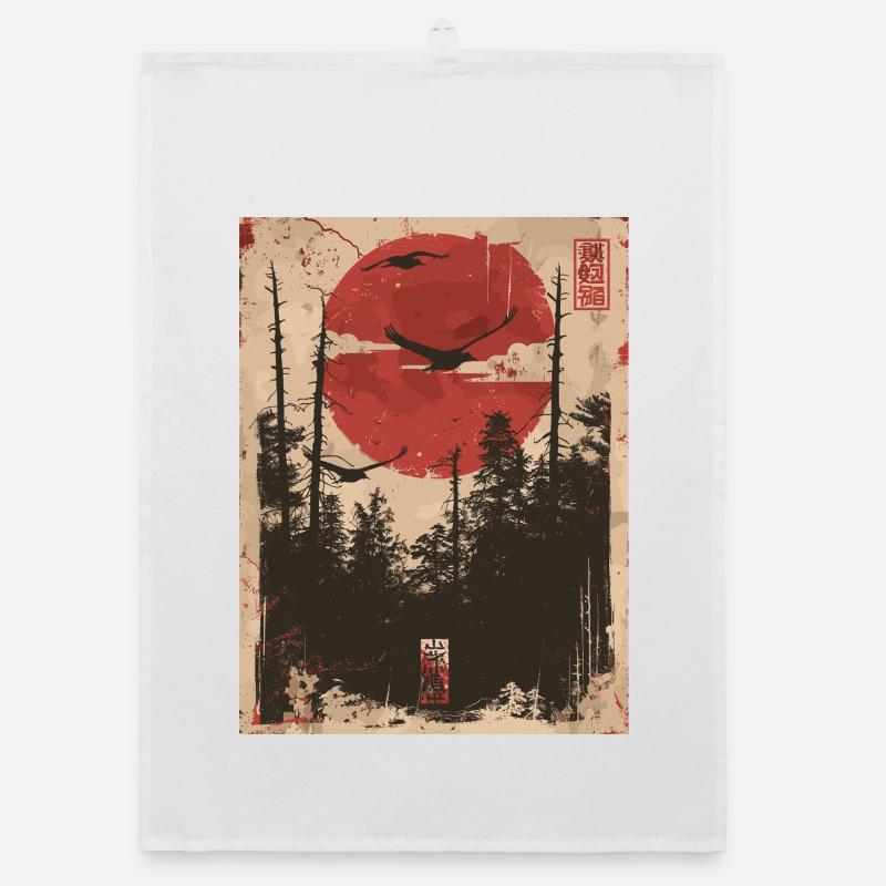 Roter Sonnenwald Ukiyo-e Waldlandschaft Organic Geschirrtuch