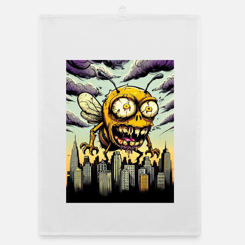 Grotesque horror bee over city Organic dish towel
