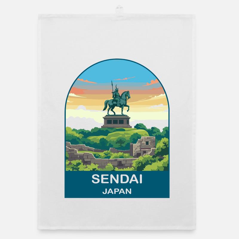 Sendai Japan Samurai-Statue Vintage-Reisekunst Organic Geschirrtuch