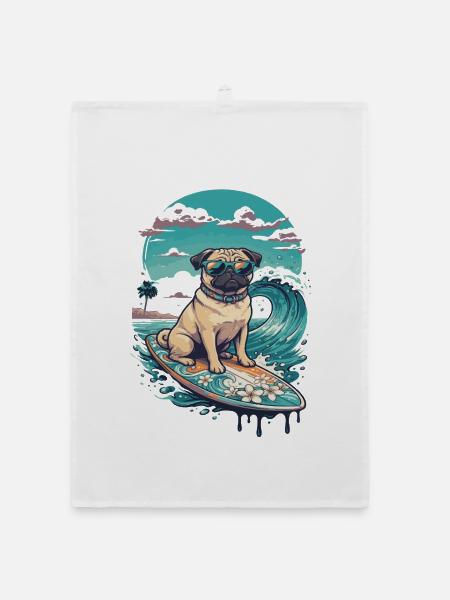 Mops Surf Tropenhund - Organic Geschirrtuch - Weiß