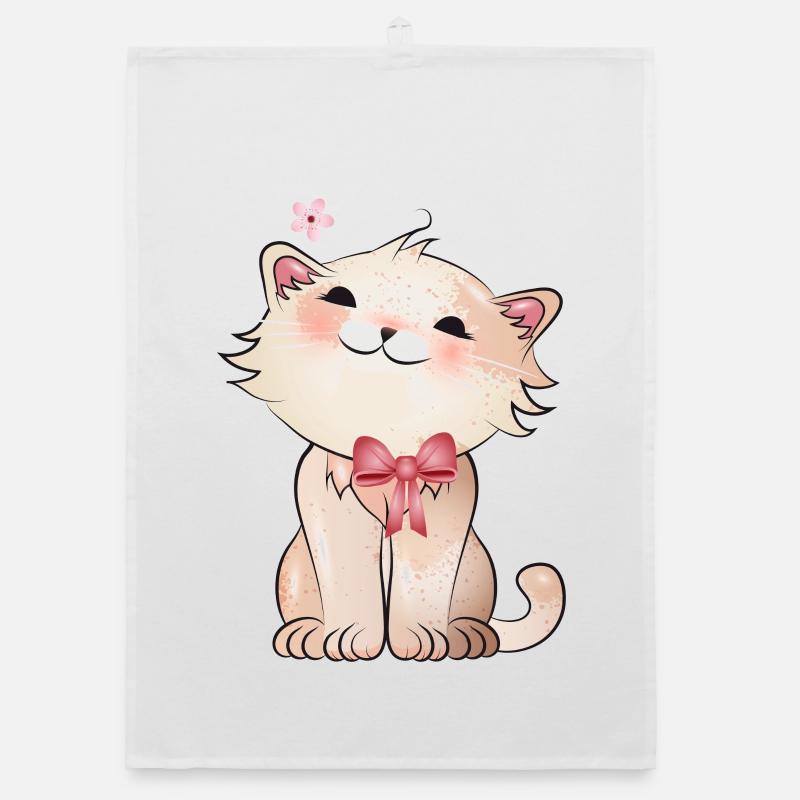 Chat mignon regardant une fleur de cerisier Torchon bio