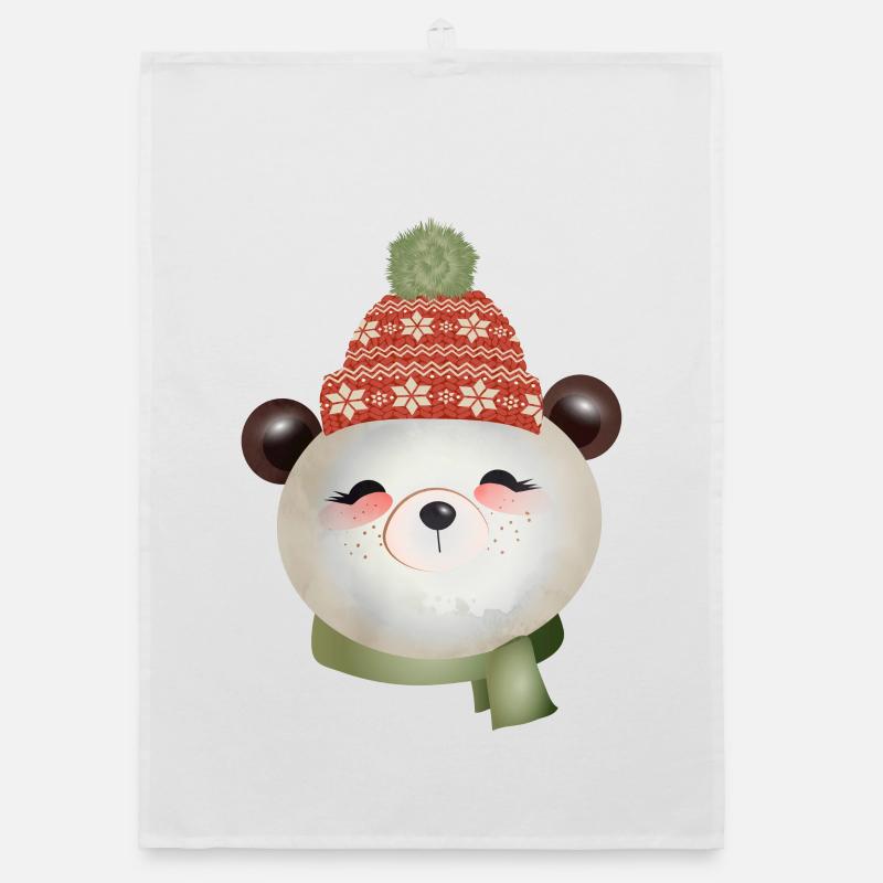 cute panda bear with bobble hat in winter Organic dish towel