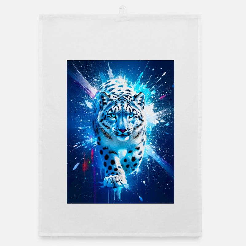 A snow leopard glows amid icy blue and silver star Organic dish towel