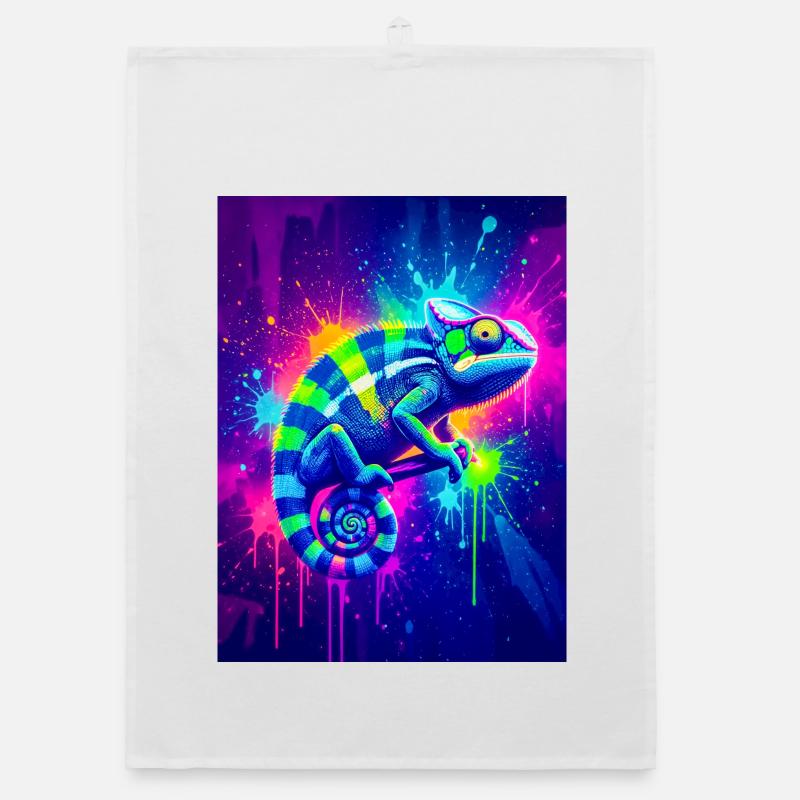 A neon chameleon bursts into shifting waves Organic dish towel