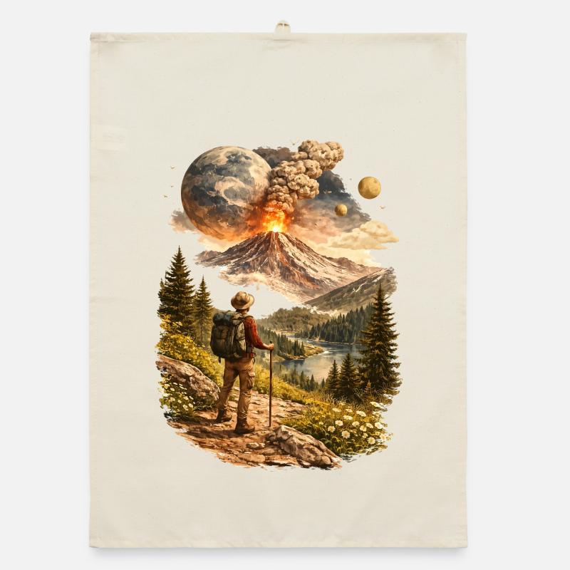 Des randonneurs devant un volcan en éruption et un monde étrange Torchon bio