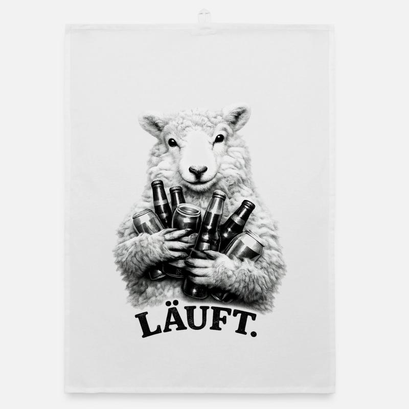 Sheep with beer bottles – Running. Organic dish towel
