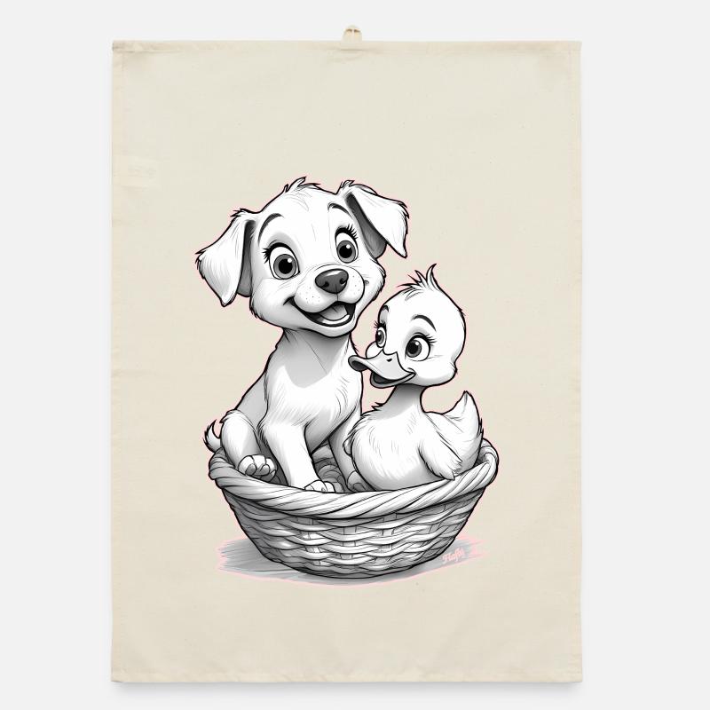 Le chien mignon et le canard dans le panier – 🐶🦆 Torchon bio