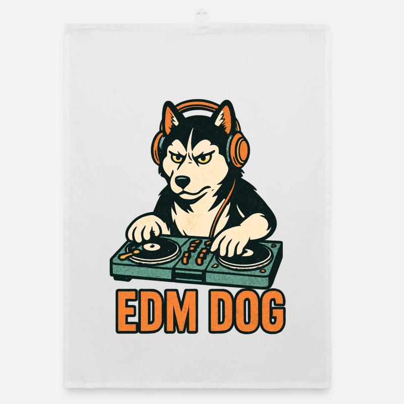 EDM Dog : DJ husky à la console de mixage dans un style rétro Torchon bio