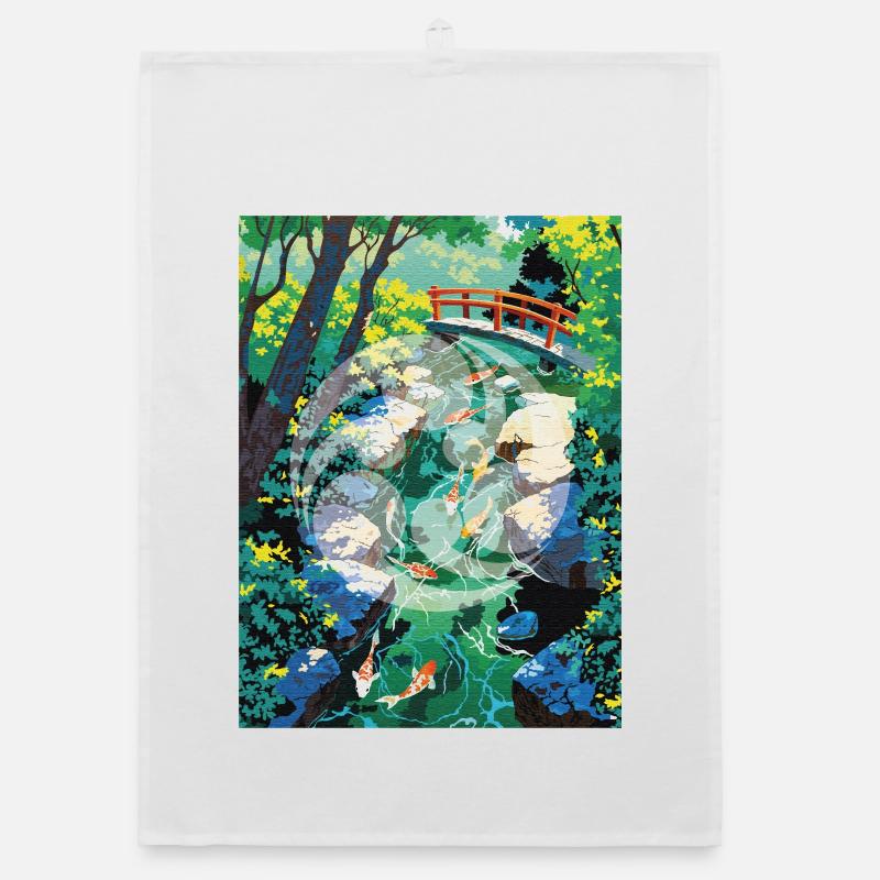 Japanische Koi-Flusslandschaft mit Kamon-Design Organic Geschirrtuch