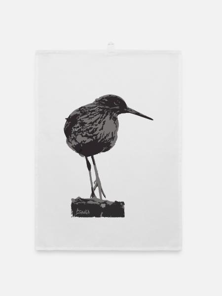 Redshank - Monochrome Bird Silhouette - Organic dish towel - white - Front