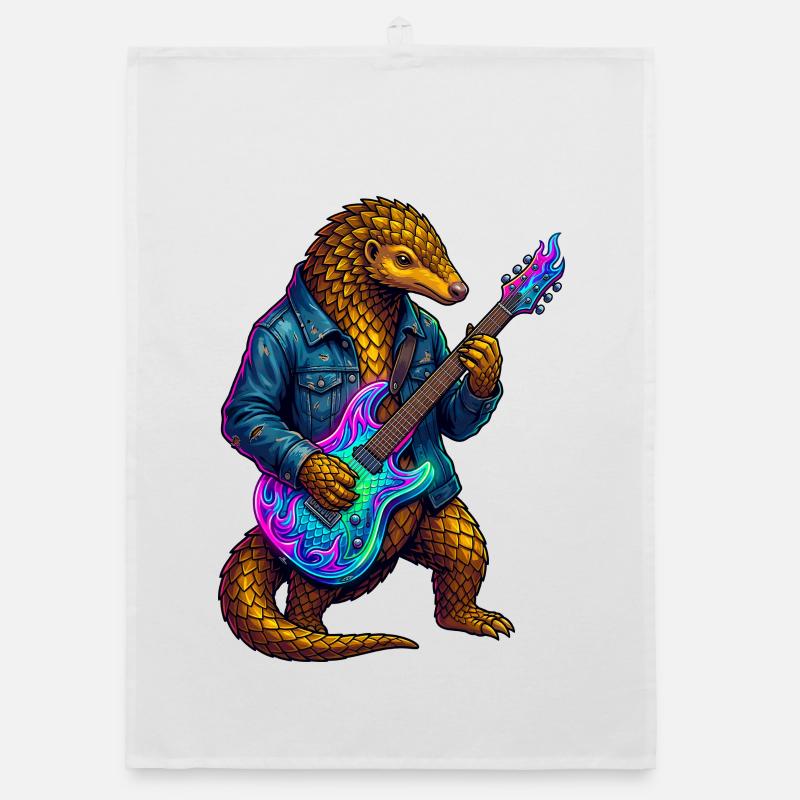 Schuppentier mit Jacke und Neon E-Gitarre - Organic Geschirrtuch - Weiß