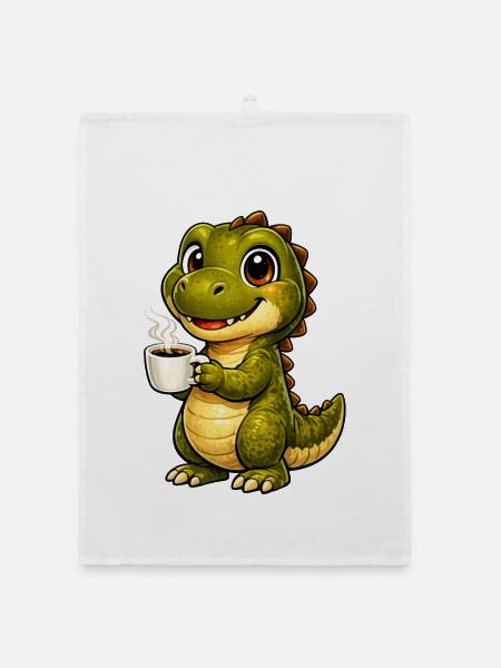 Dino mit Kaffee - Organic Geschirrtuch - Weiß - Vorne