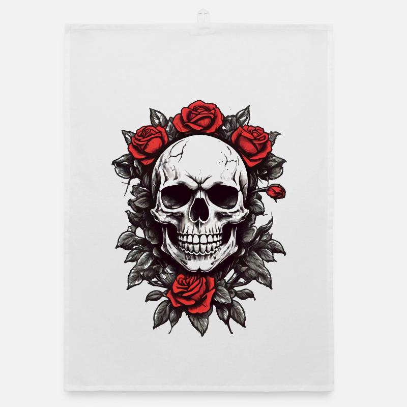 Skull with red roses Organic dish towel