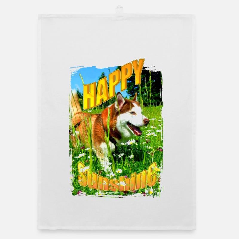 Chien heureux dans un champ de fleurs Torchon bio