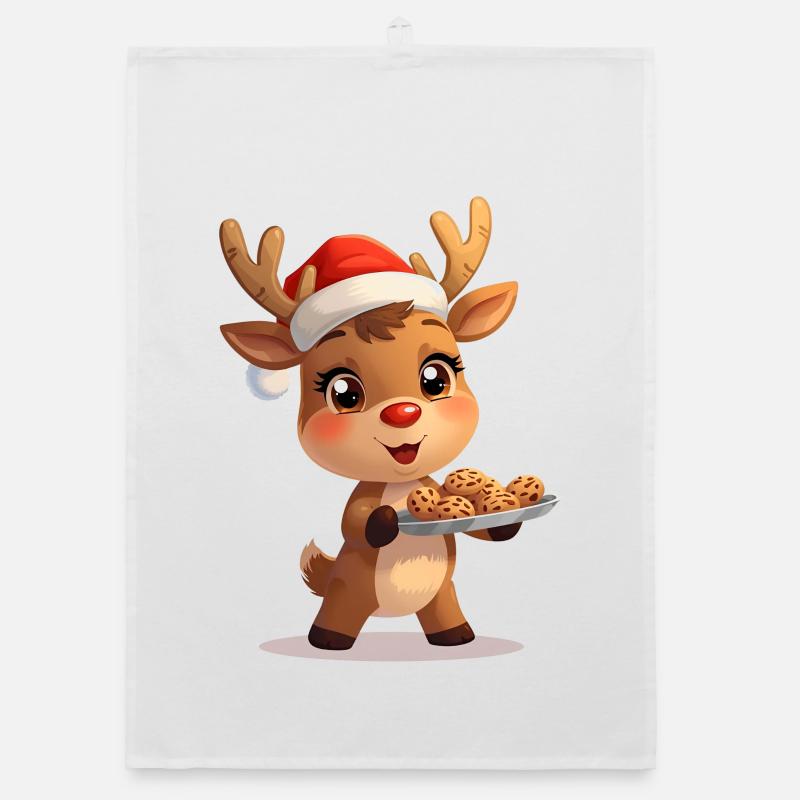 Renne avec chapeau de Père Noël et biscuits - Torchon bio - blanc