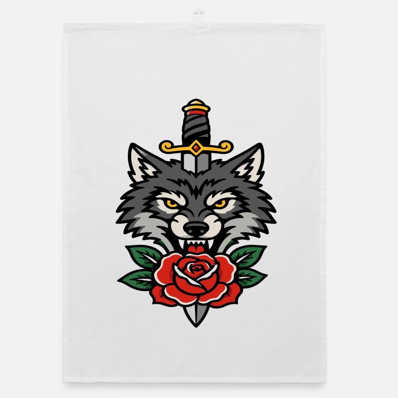 Loup féroce dague et rose style tattoo Torchon bio