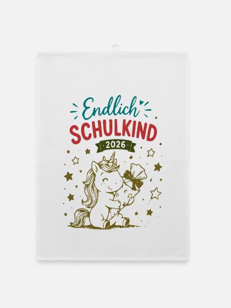 Endlich Schulkind 2026 Unicorn Einhorn - Organic Geschirrtuch - Weiß - Vorne