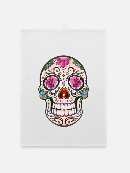 Mexican Sugar Skull, day of the dead - Organic dish towel - white - Front
