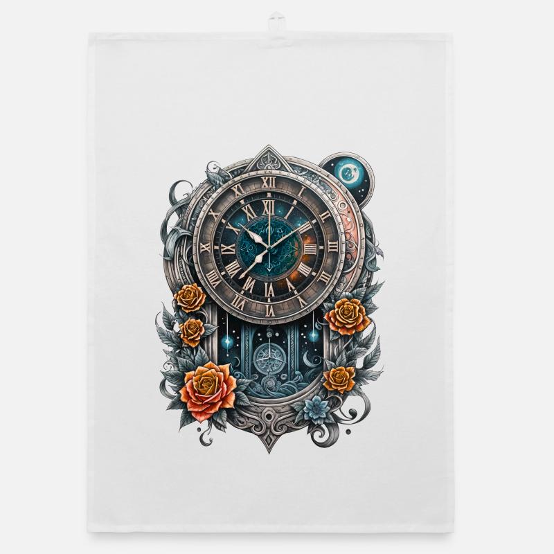 Steampunk watch adorned with roses. Organic dish towel