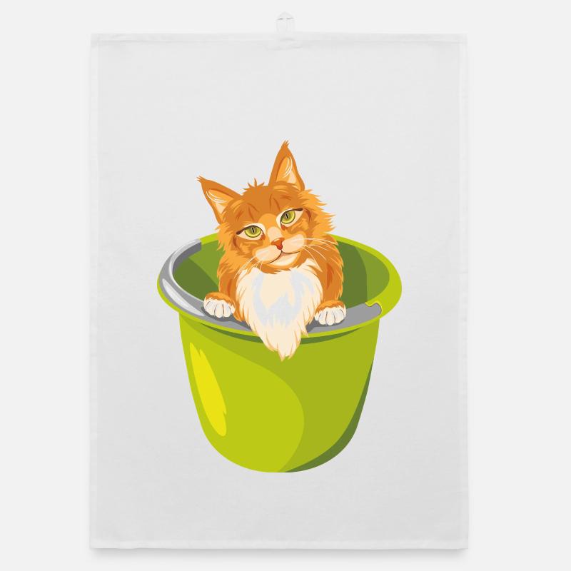 Un mignon chat roux jette un coup d’œil hors du seau - Torchon bio - blanc