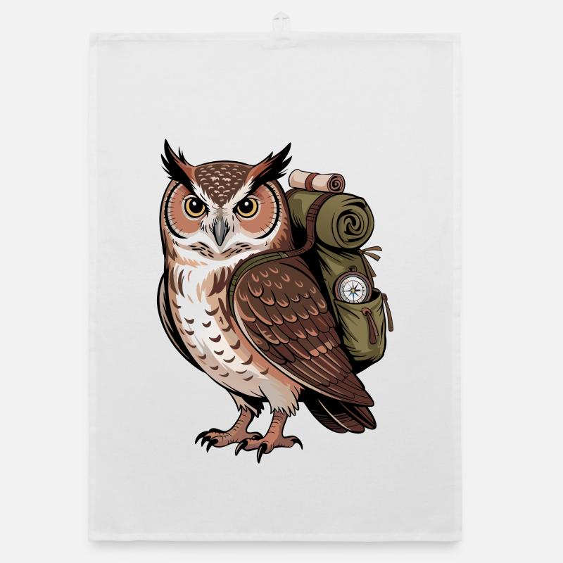 Wandering owl with backpack Organic dish towel