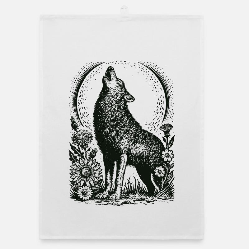 Loup hurlant dans un cadre circulaire floral - Torchon bio - blanc