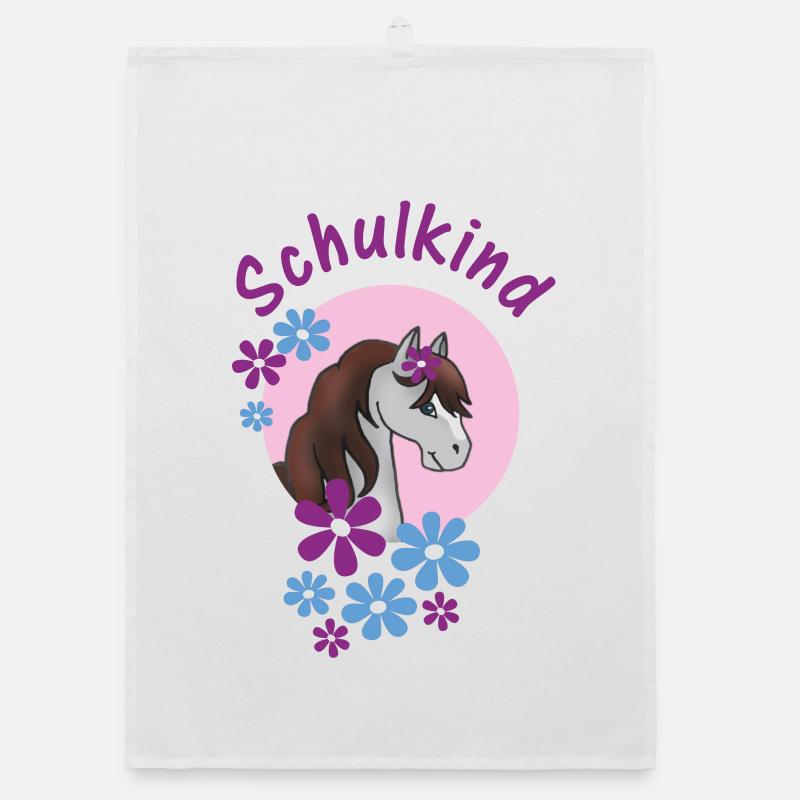 Schulkind - Pony mit Blumen rosa hellblau Organic Geschirrtuch