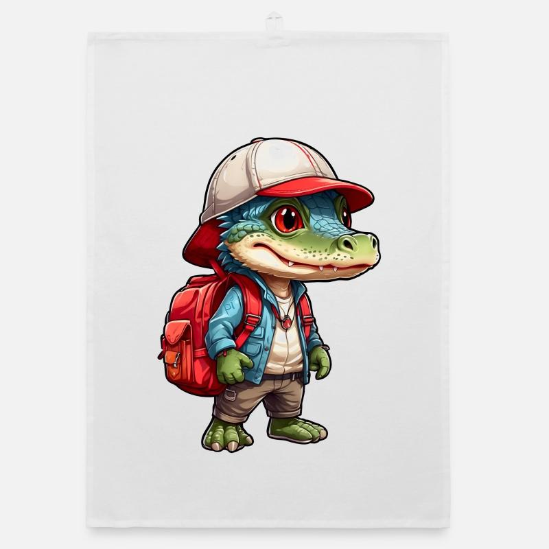 Cute crocodile in outdoor look with backpack Organic dish towel
