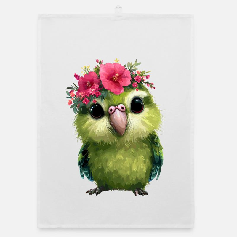Spring parrot with flower crowns Organic dish towel