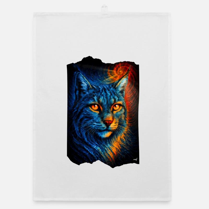 Mystical lynx wildcat in firelight - Organic dish towel - white