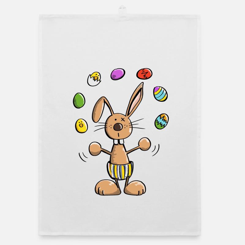 Easter bunny juggles colorful easter eggs - easter Organic dish towel