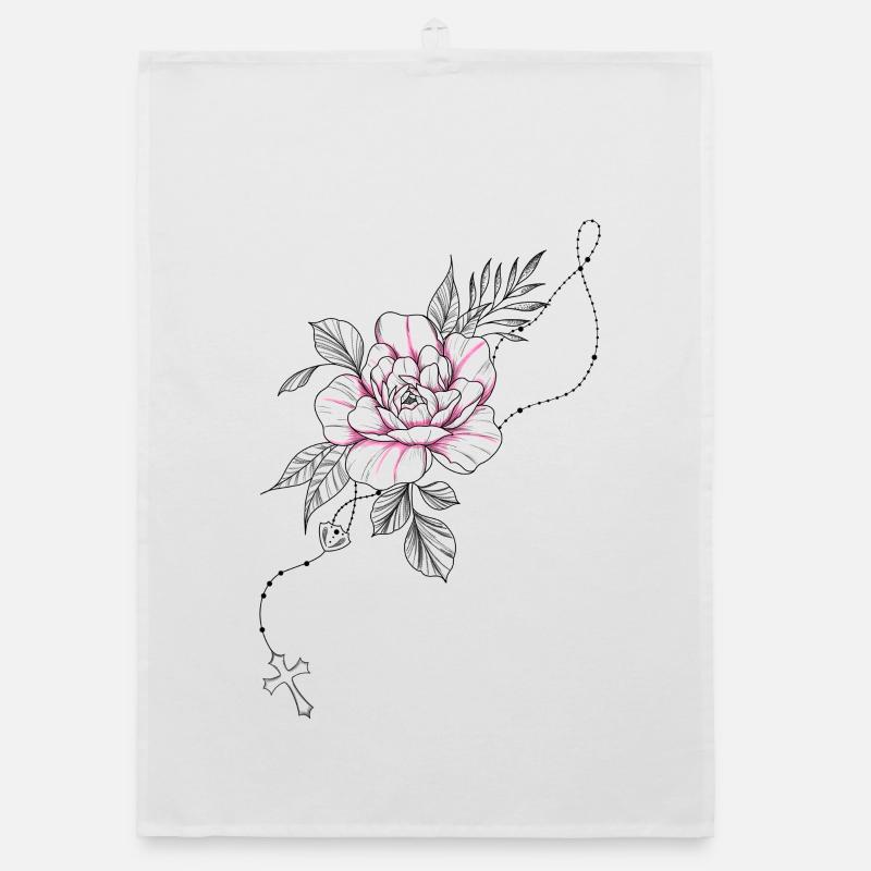 Dessin fleur rose chapelet croix et feuillage Torchon bio