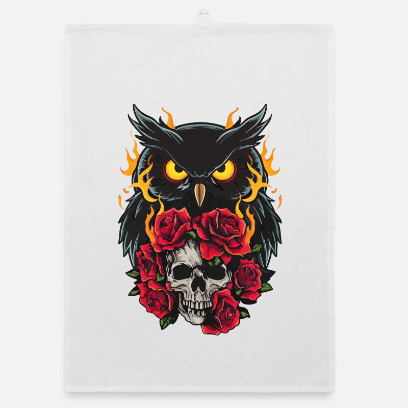 Mystische Eule sitzt auf Skull mit roten Rosen - Organic Geschirrtuch - Weiß