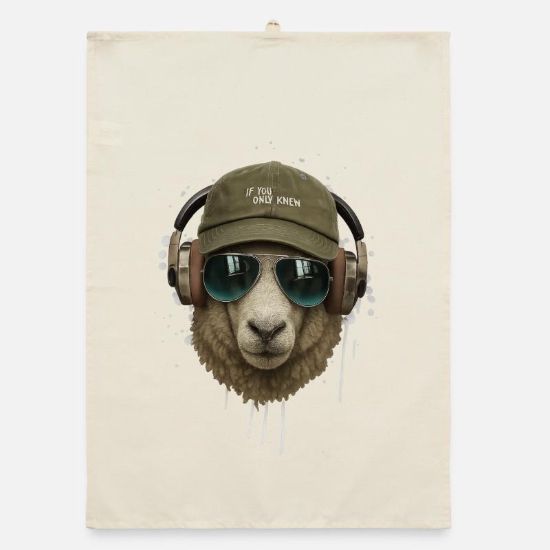 Schaf mit Kopfhörer Retro Stil Organic Geschirrtuch