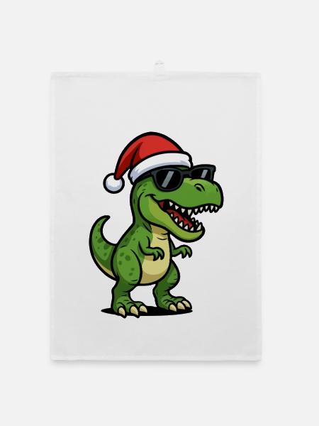T-Rex Santa mit Sonnenbrille - Organic Geschirrtuch - Weiß - Vorne