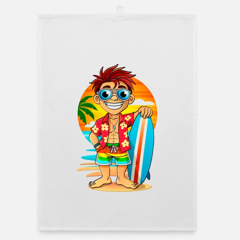 Surfeur joyeux avec une planche de surf sur la plage. Torchon bio