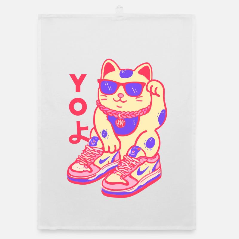 Neon Kawaii Maneki Sneaker Katze Organic Geschirrtuch