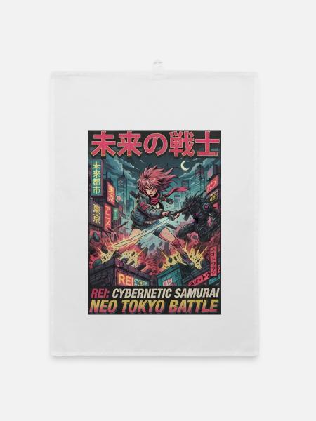 Neon-Tokyo Cyber-Samurai - Organic Geschirrtuch - Weiß