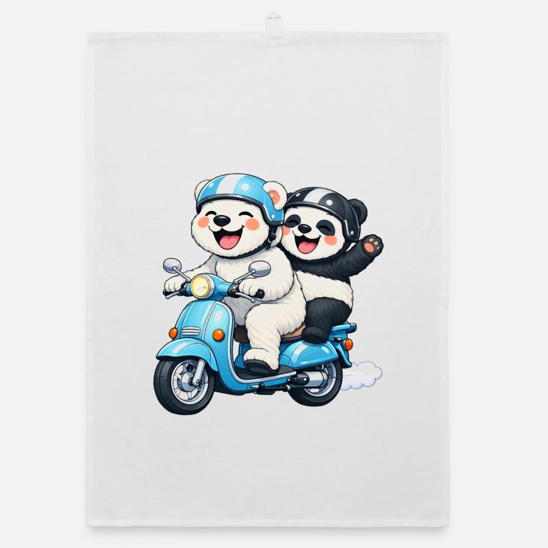 Polar Bear and Panda Bear on a Scooter Organic dish towel