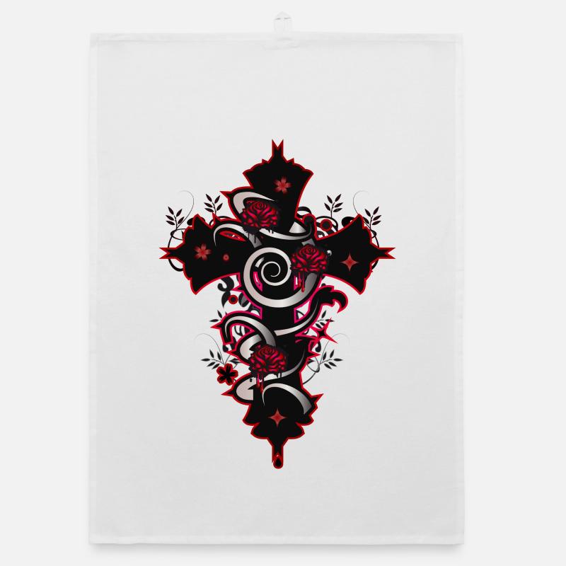 Croix gothique rouge noire avec des éléments floraux Torchon bio